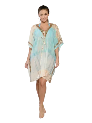 A turquoise to flesh tie dye kaftan with sparkling details