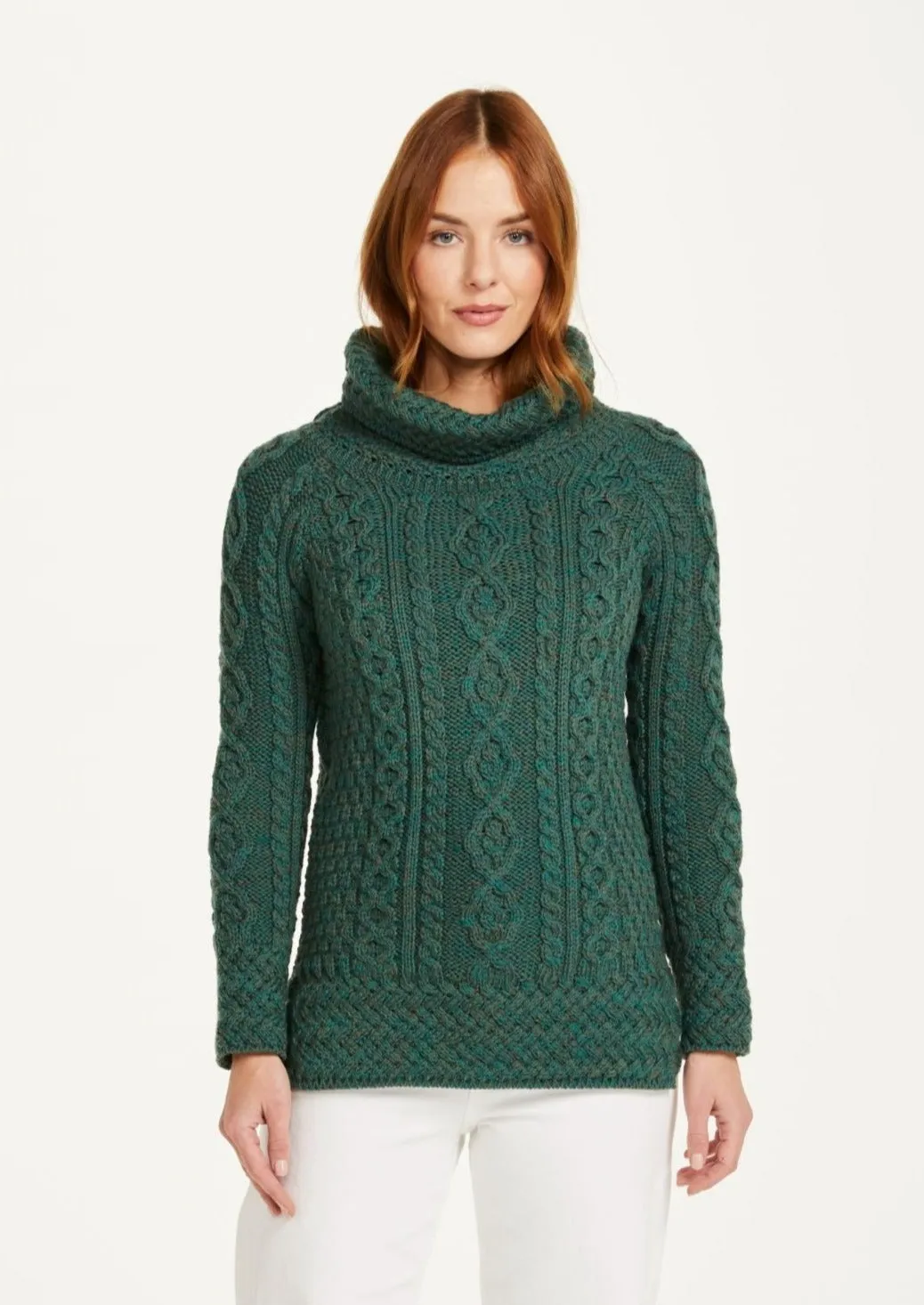 Belcare Ladies Aran Roll Neck Sweater | Connemara Green