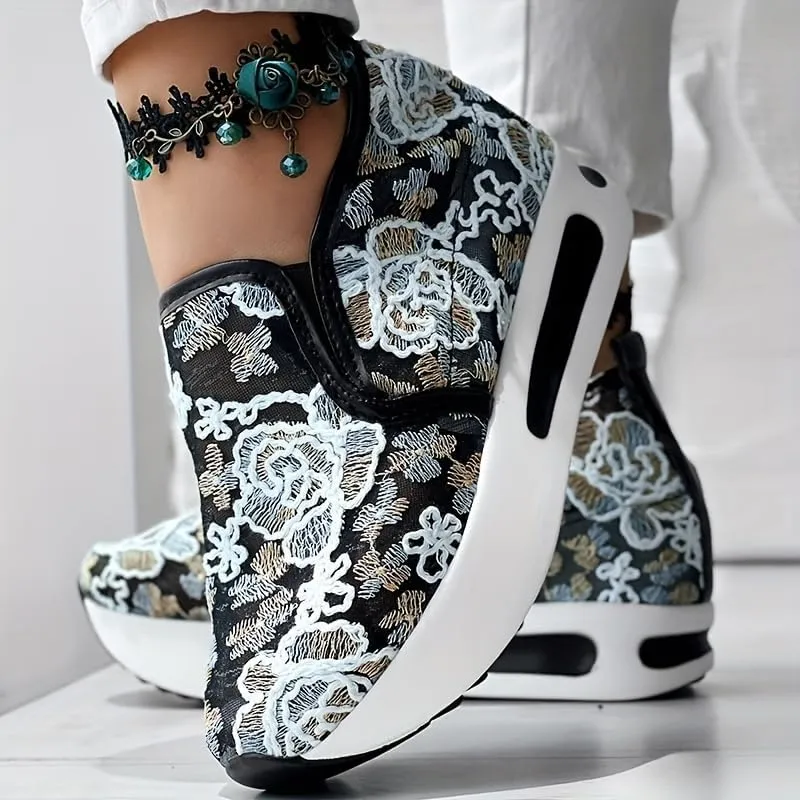 Colorful Flower Embroidered Wedge Sneakers, Women's Slip On Platform Mesh Shoes, Breathable Daily Footwear