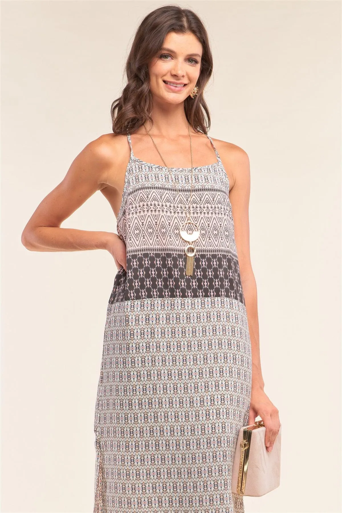 Dust Pink Tribal Print Two Side Slit Sleeveless Maxi Dress /1-3-2