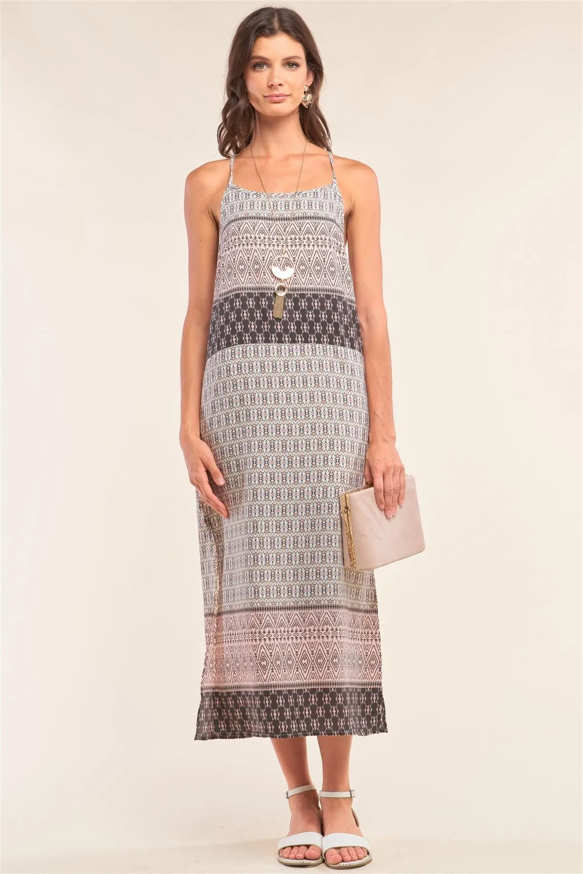 Dust Pink Tribal Print Two Side Slit Sleeveless Maxi Dress /1-3-2
