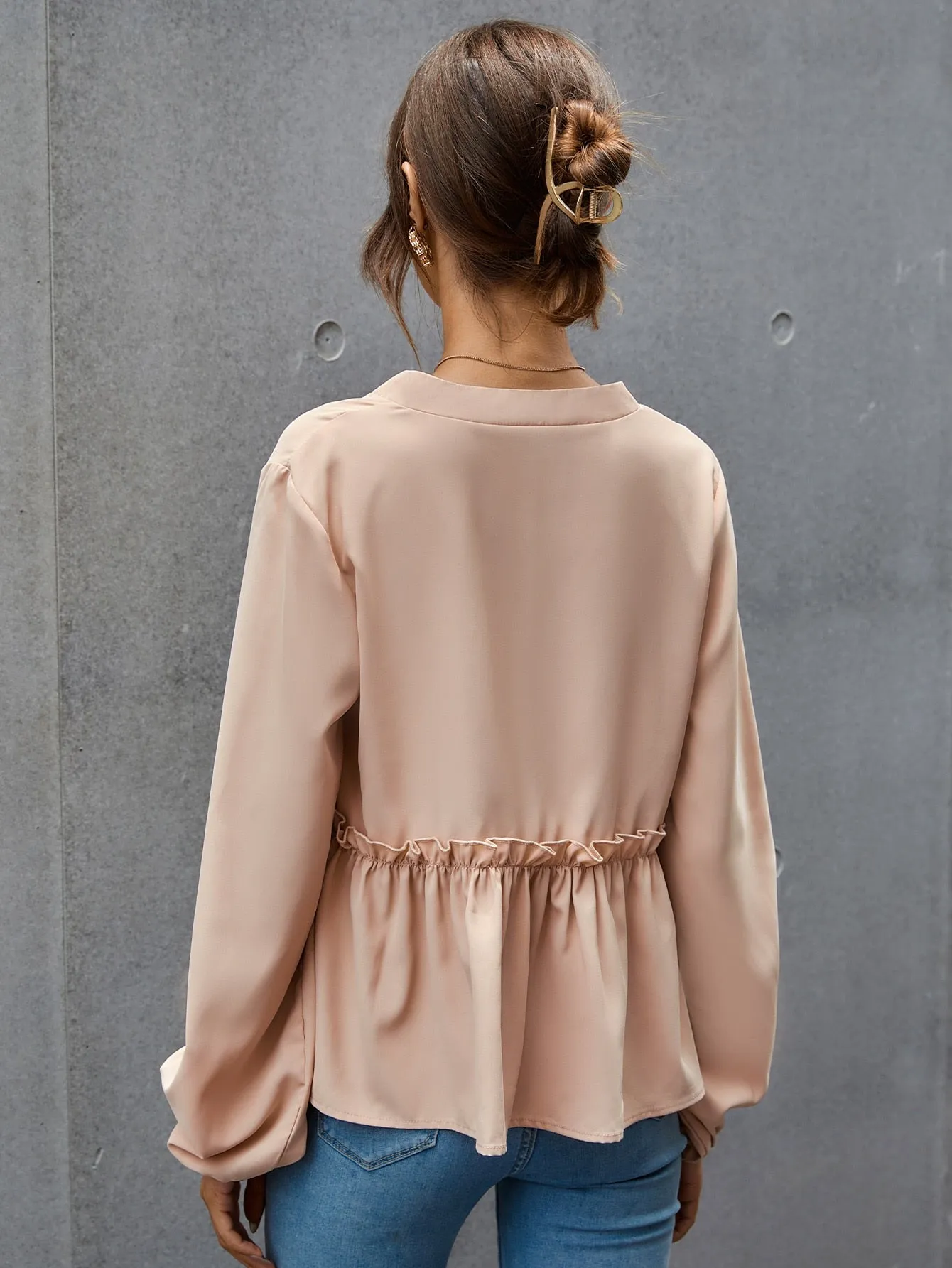 Elegant Plain Ruffle Long Sleeve Stand Collar Regular Blouse