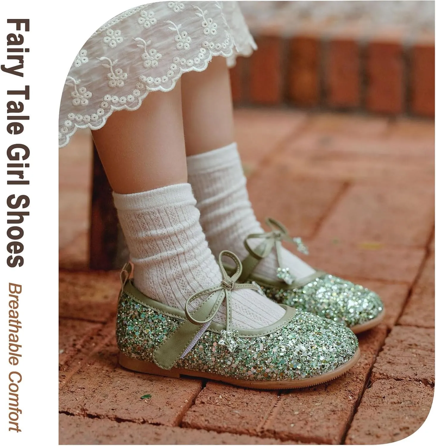Fairy Tale Kids Shoes, Girls Mary Jane Ballet Flats 2-7 Years, Glitter Princess Shoes with Breathable Pigskin Lining for Flower Girl/Pageant/Party