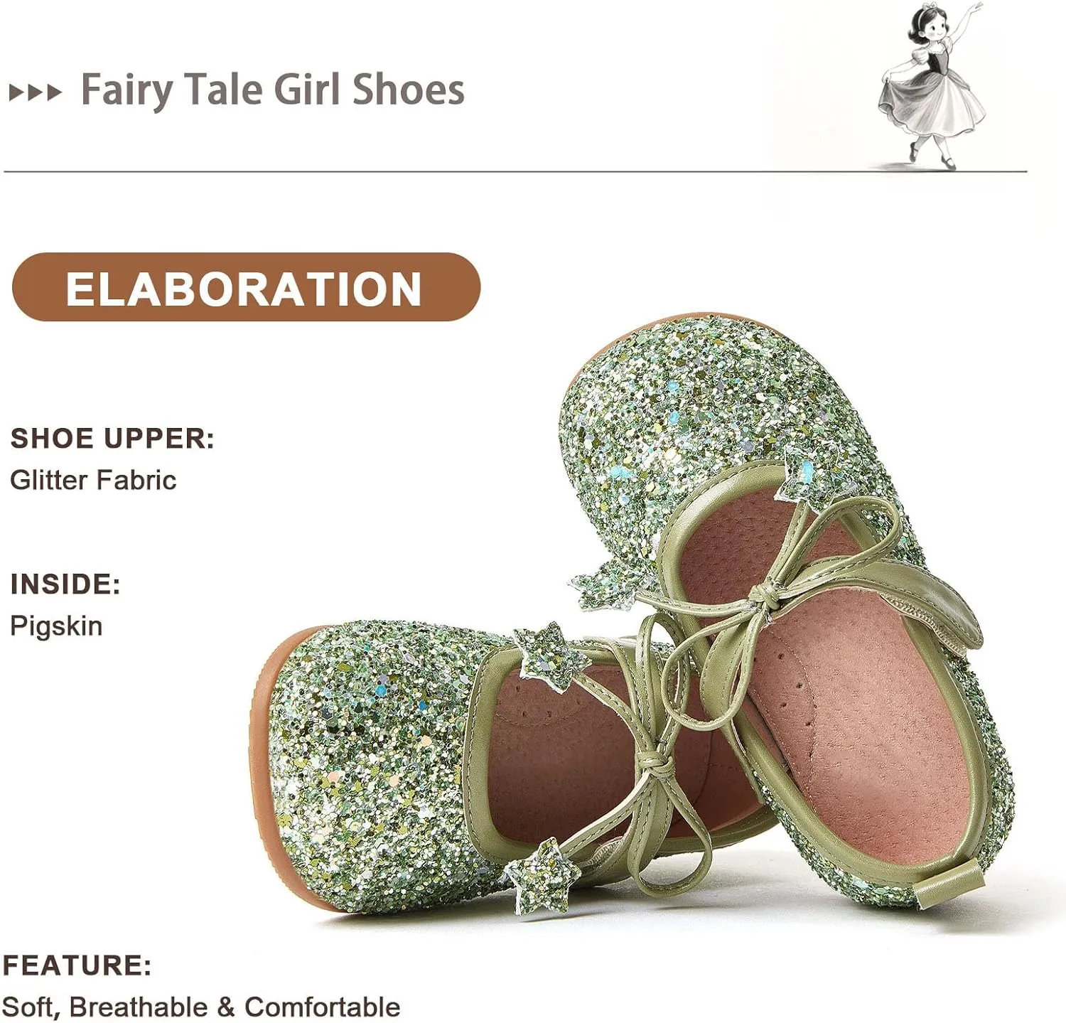 Fairy Tale Kids Shoes, Girls Mary Jane Ballet Flats 2-7 Years, Glitter Princess Shoes with Breathable Pigskin Lining for Flower Girl/Pageant/Party