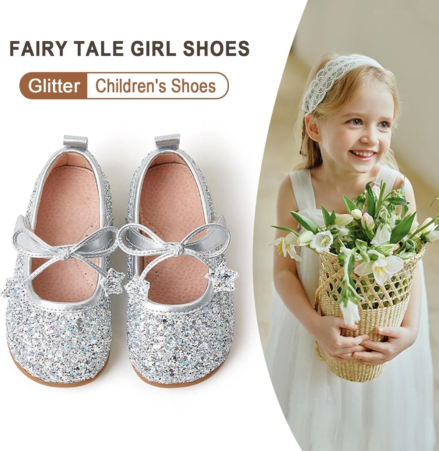 Fairy Tale Kids Shoes, Girls Mary Jane Ballet Flats 2-7 Years, Glitter Princess Shoes with Breathable Pigskin Lining for Flower Girl/Pageant/Party