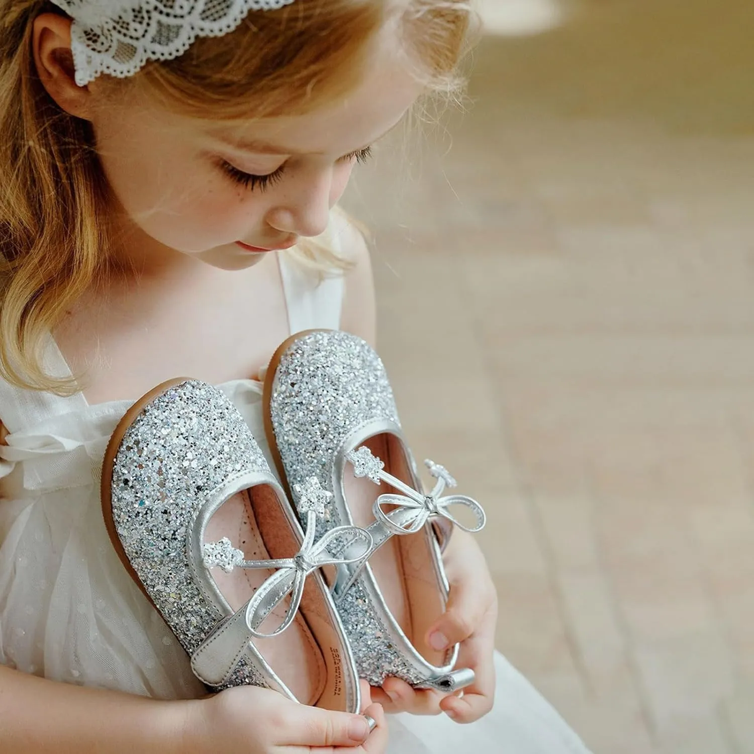 Fairy Tale Kids Shoes, Girls Mary Jane Ballet Flats 2-7 Years, Glitter Princess Shoes with Breathable Pigskin Lining for Flower Girl/Pageant/Party