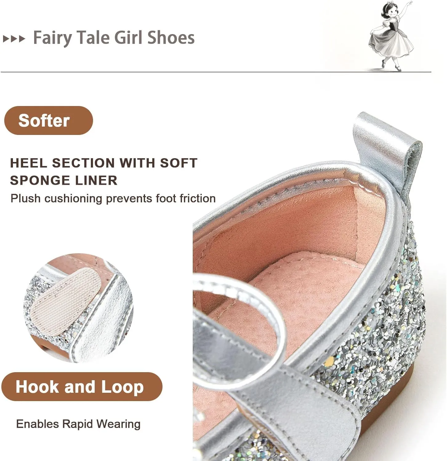 Fairy Tale Kids Shoes, Girls Mary Jane Ballet Flats 2-7 Years, Glitter Princess Shoes with Breathable Pigskin Lining for Flower Girl/Pageant/Party