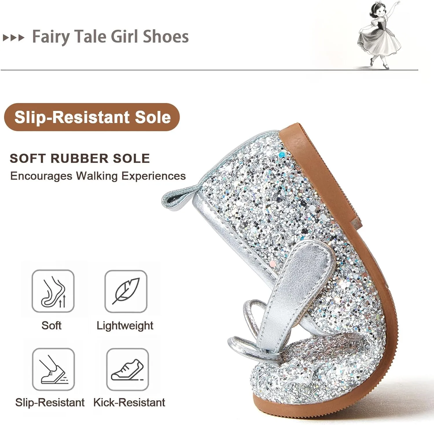 Fairy Tale Kids Shoes, Girls Mary Jane Ballet Flats 2-7 Years, Glitter Princess Shoes with Breathable Pigskin Lining for Flower Girl/Pageant/Party