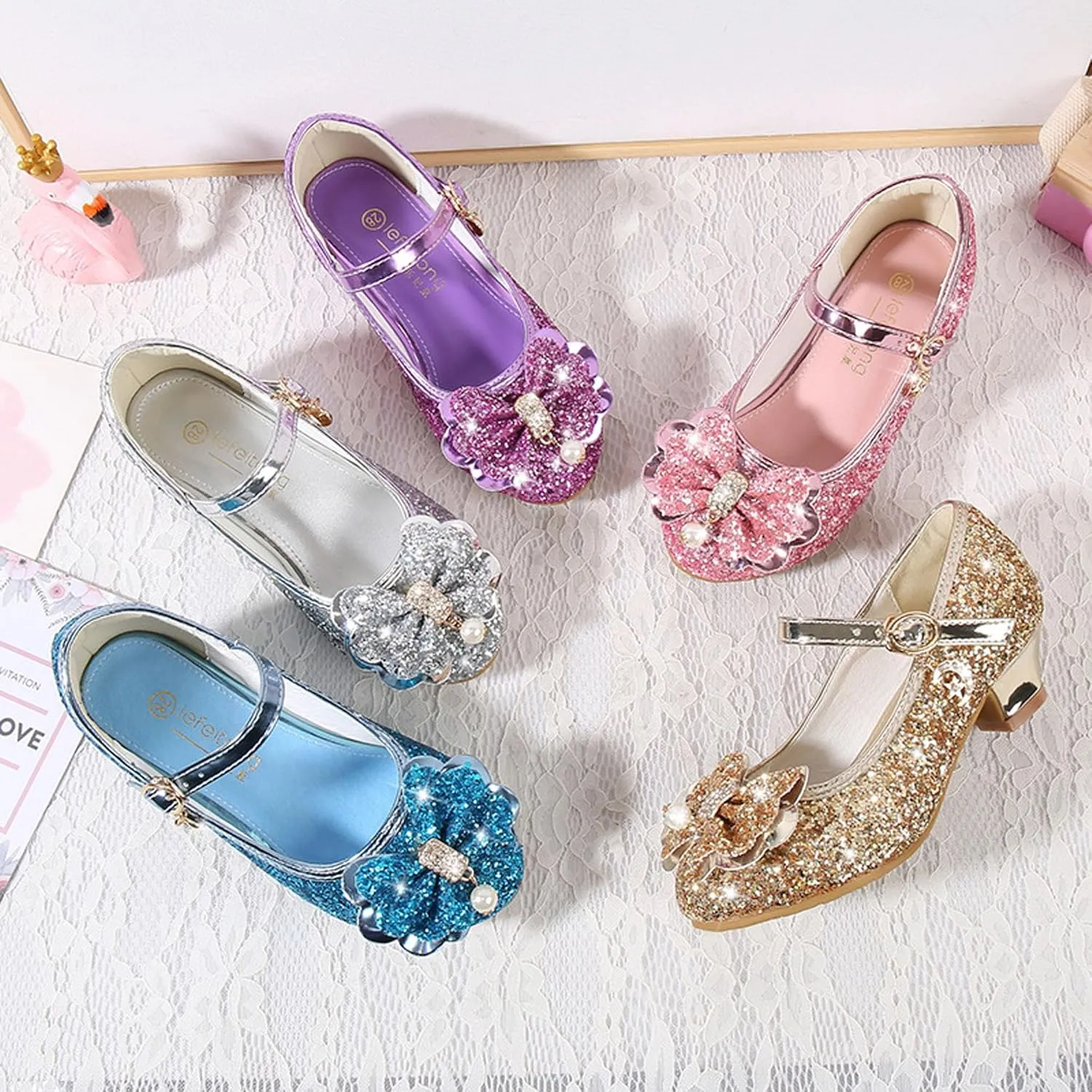 Girls Low Heels Bowknot Gold Children's Fashion Performance Comfortable Non-Slip Sequins Princess Shoes
