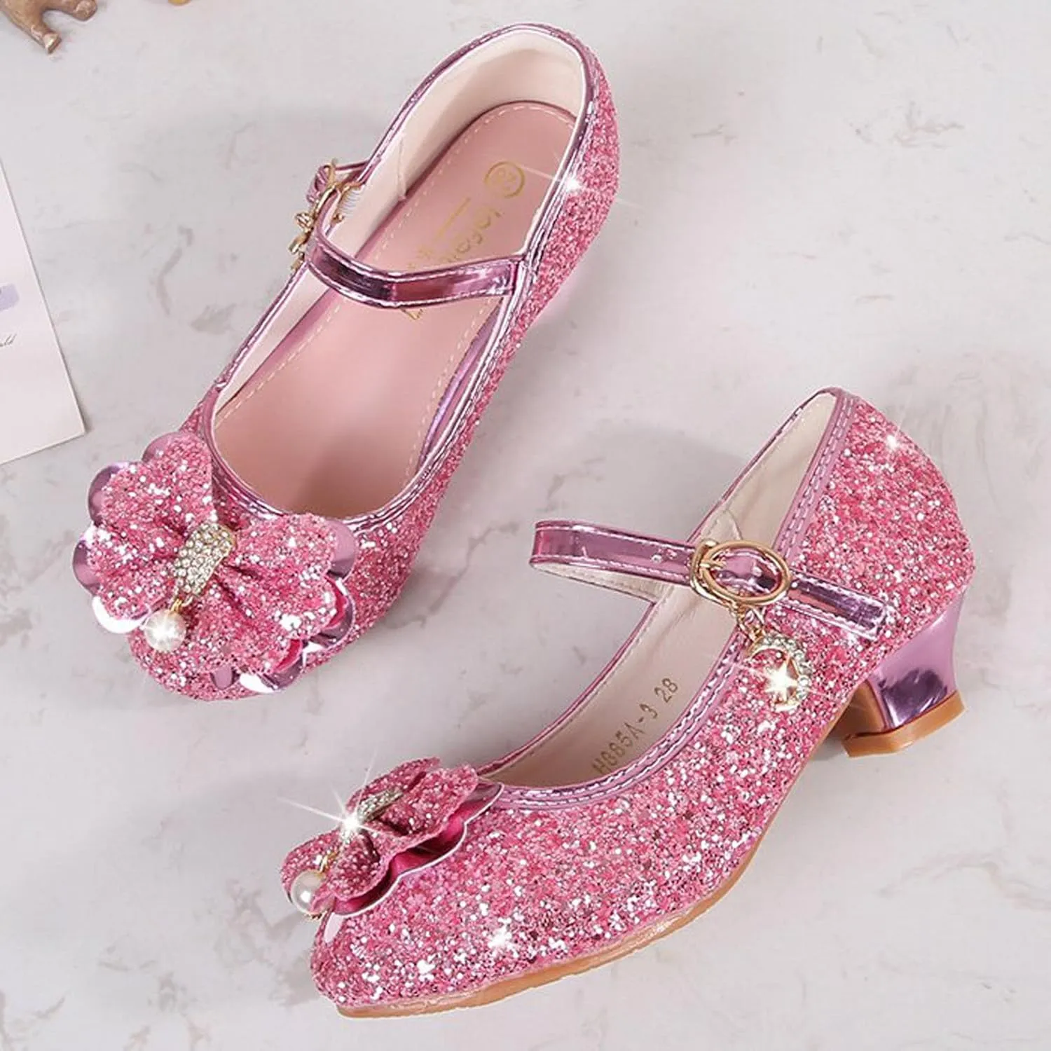 Girls Low Heels Bowknot Gold Children's Fashion Performance Comfortable Non-Slip Sequins Princess Shoes