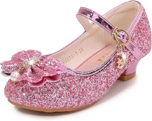 Girls Low Heels Bowknot Gold Children's Fashion Performance Comfortable Non-Slip Sequins Princess Shoes