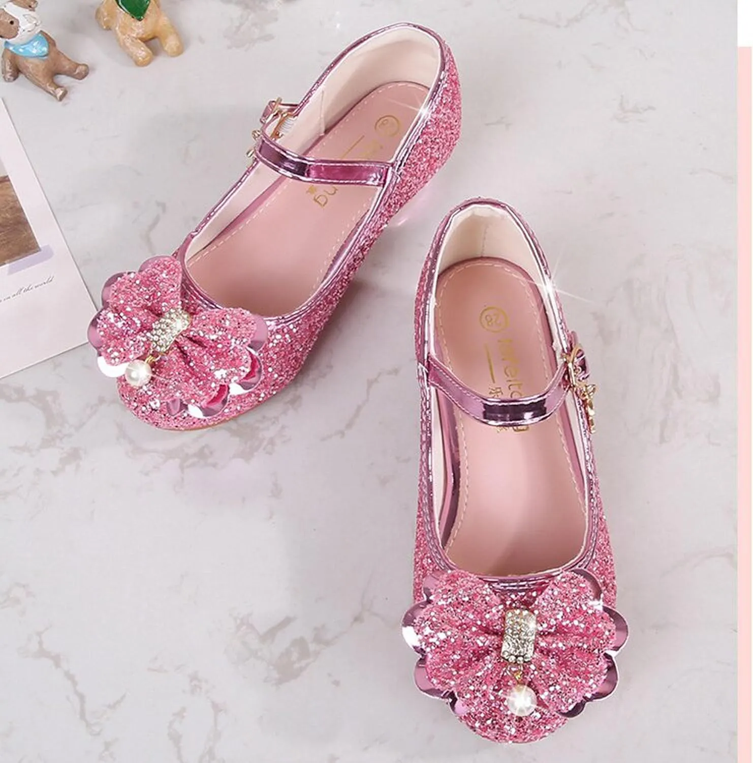 Girls Low Heels Bowknot Gold Children's Fashion Performance Comfortable Non-Slip Sequins Princess Shoes