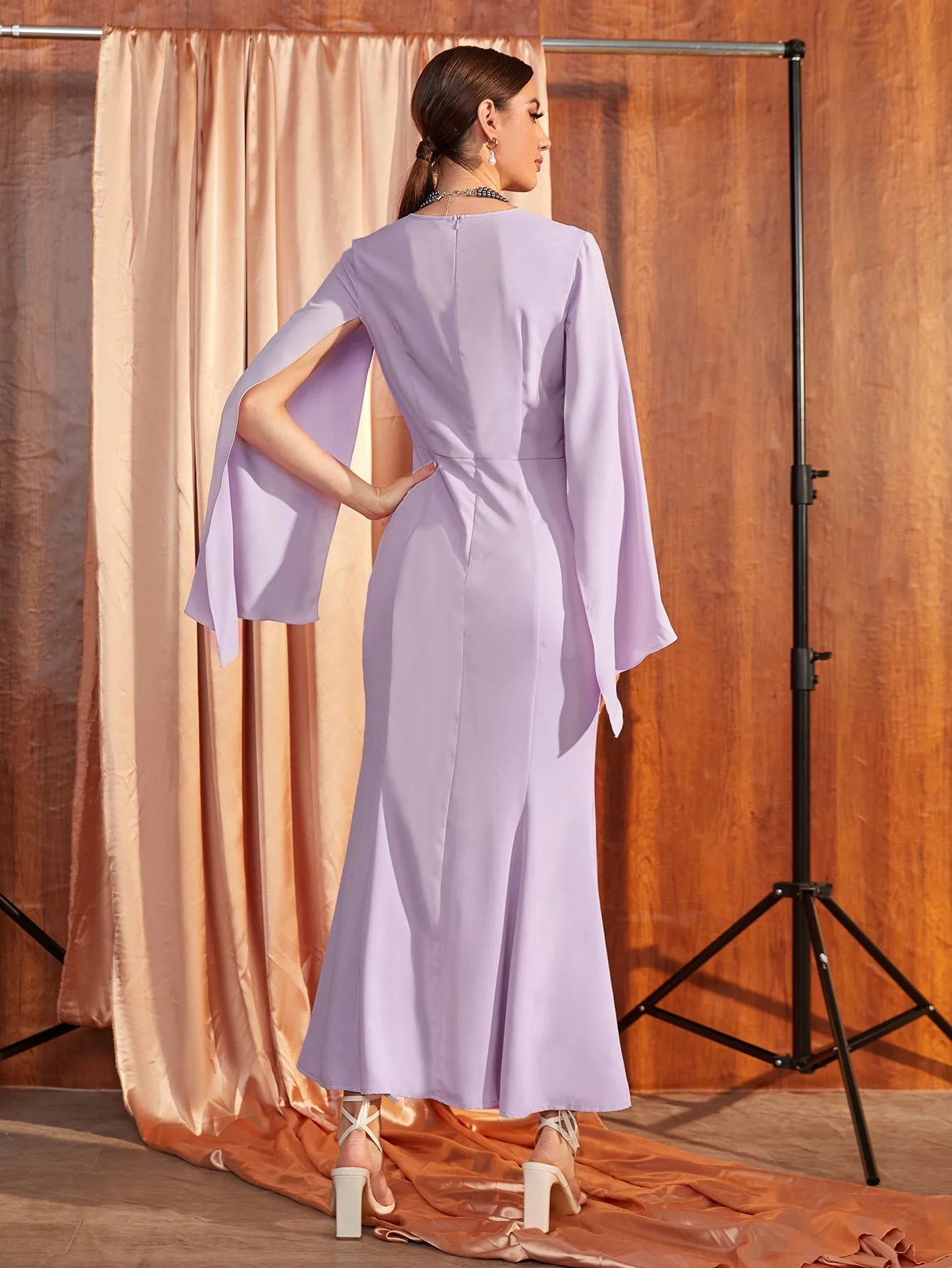 Glamorous Plain Zipper Long Sleeve Scoop Neck Mermaid High Waist Maxi Dress