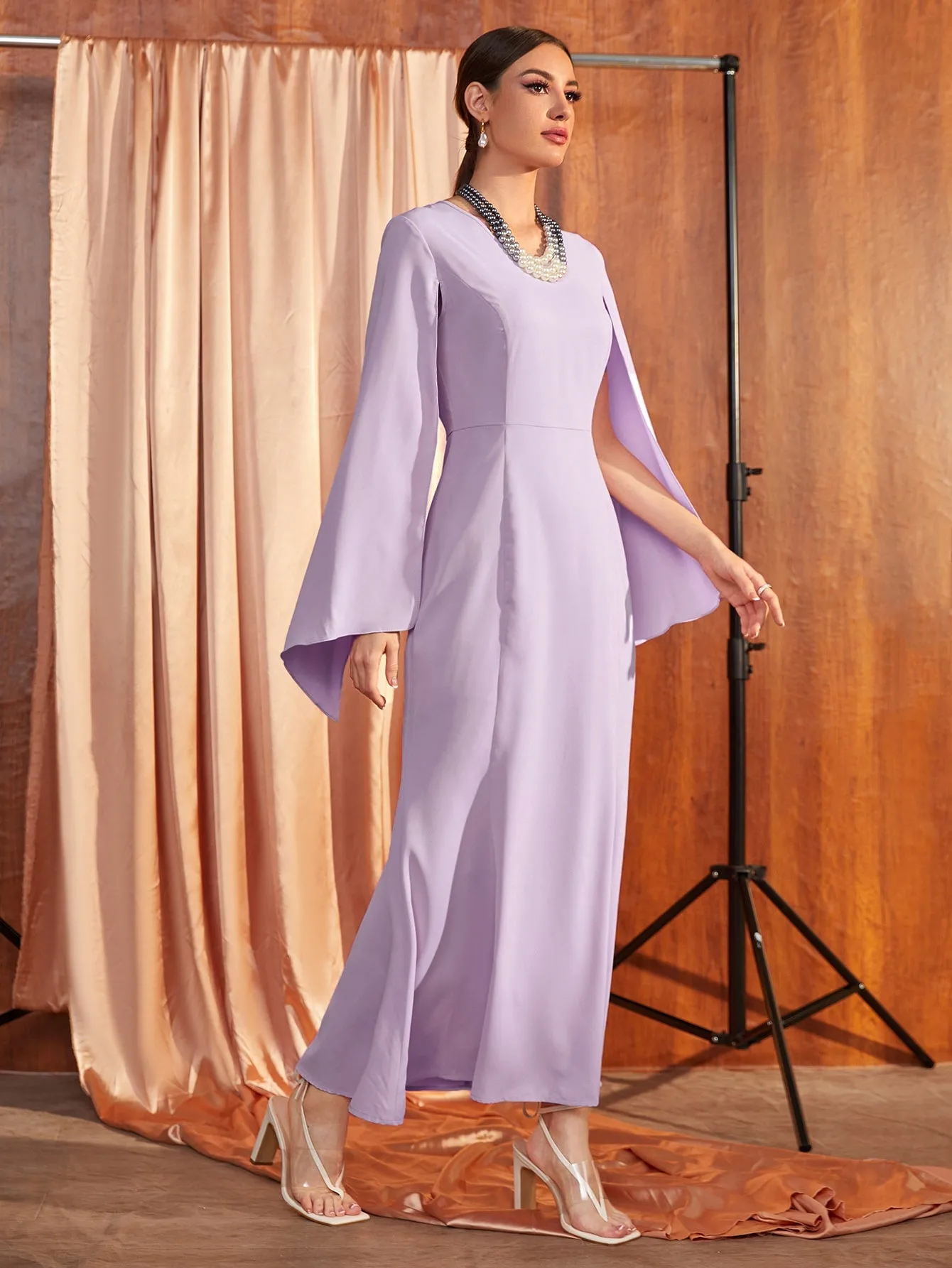 Glamorous Plain Zipper Long Sleeve Scoop Neck Mermaid High Waist Maxi Dress