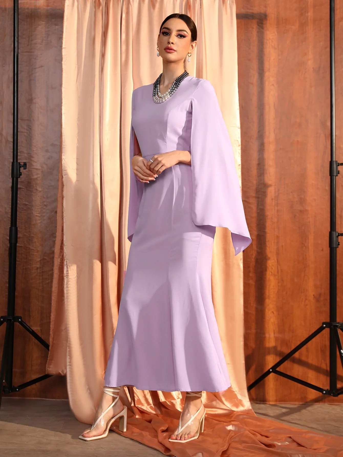 Glamorous Plain Zipper Long Sleeve Scoop Neck Mermaid High Waist Maxi Dress
