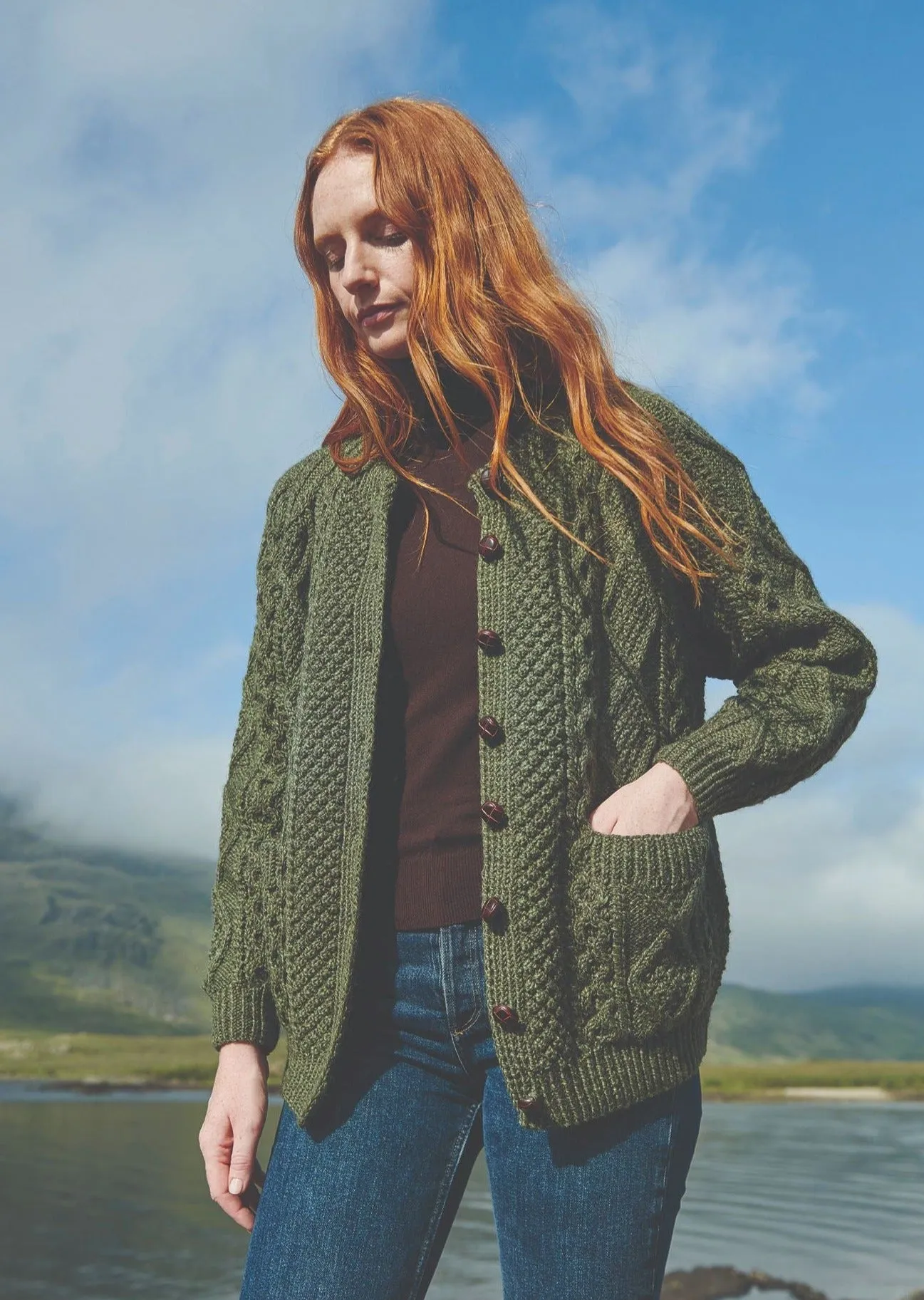 Handknit Aran Lumber Cardigan | Green