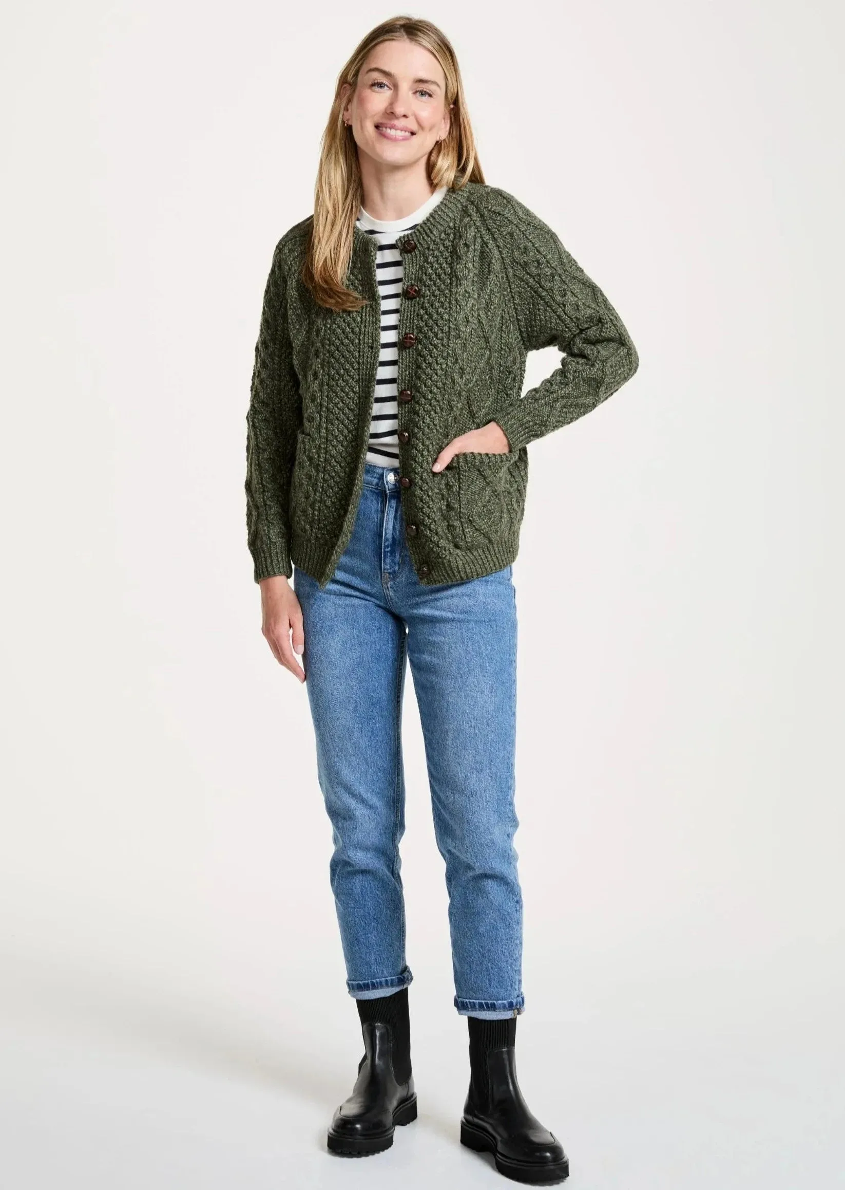 Handknit Aran Lumber Cardigan | Green