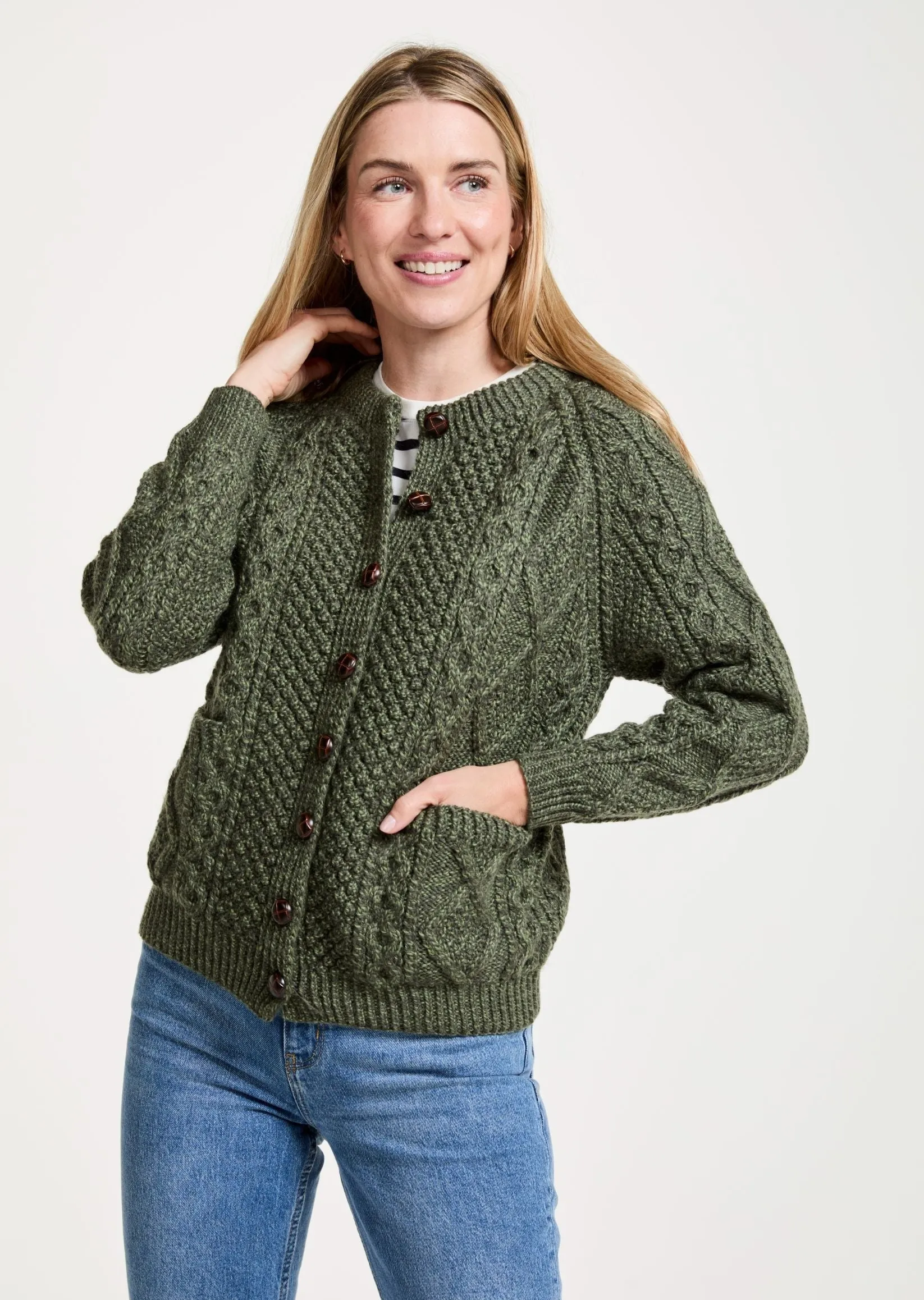 Handknit Aran Lumber Cardigan | Green