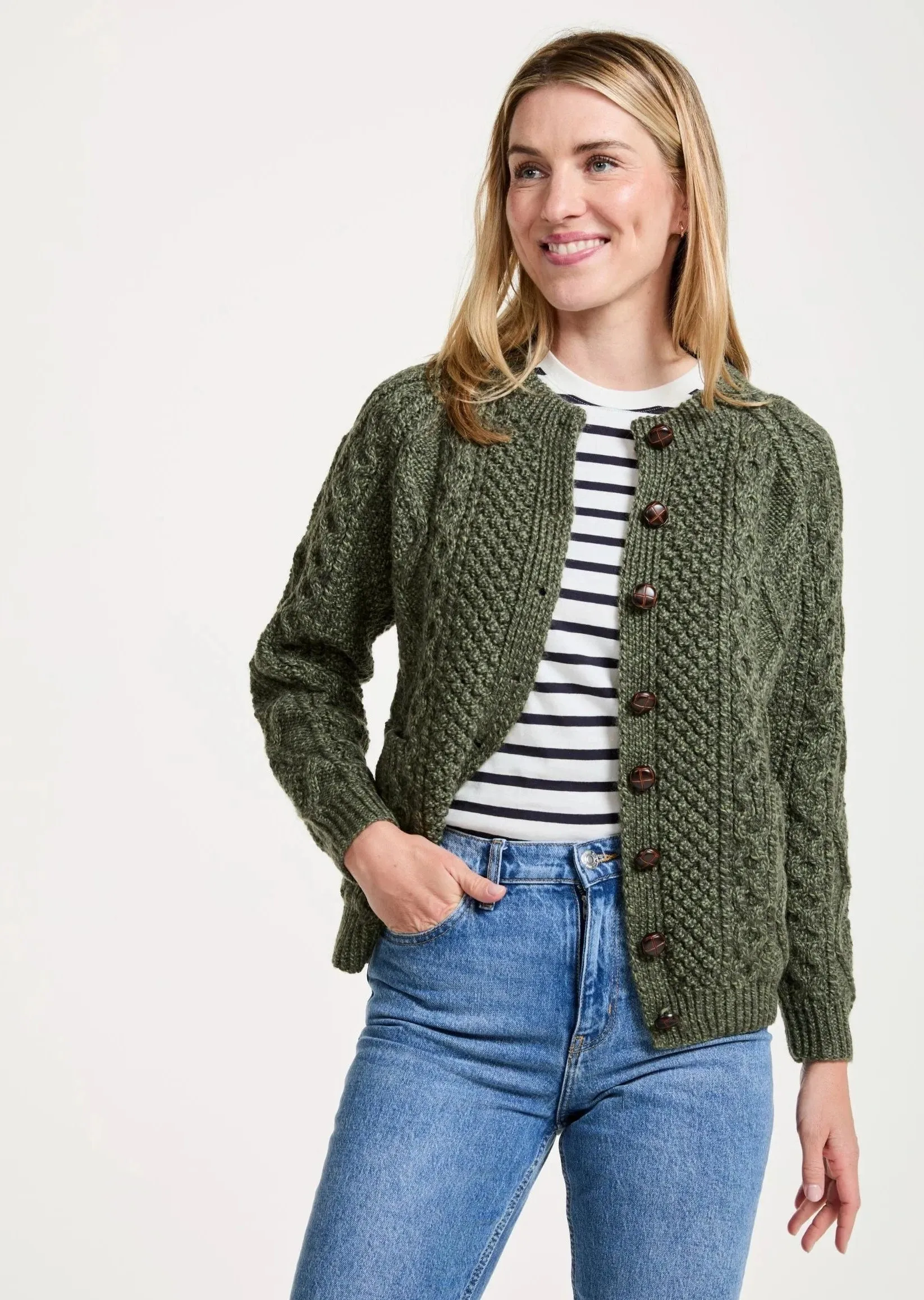 Handknit Aran Lumber Cardigan | Green