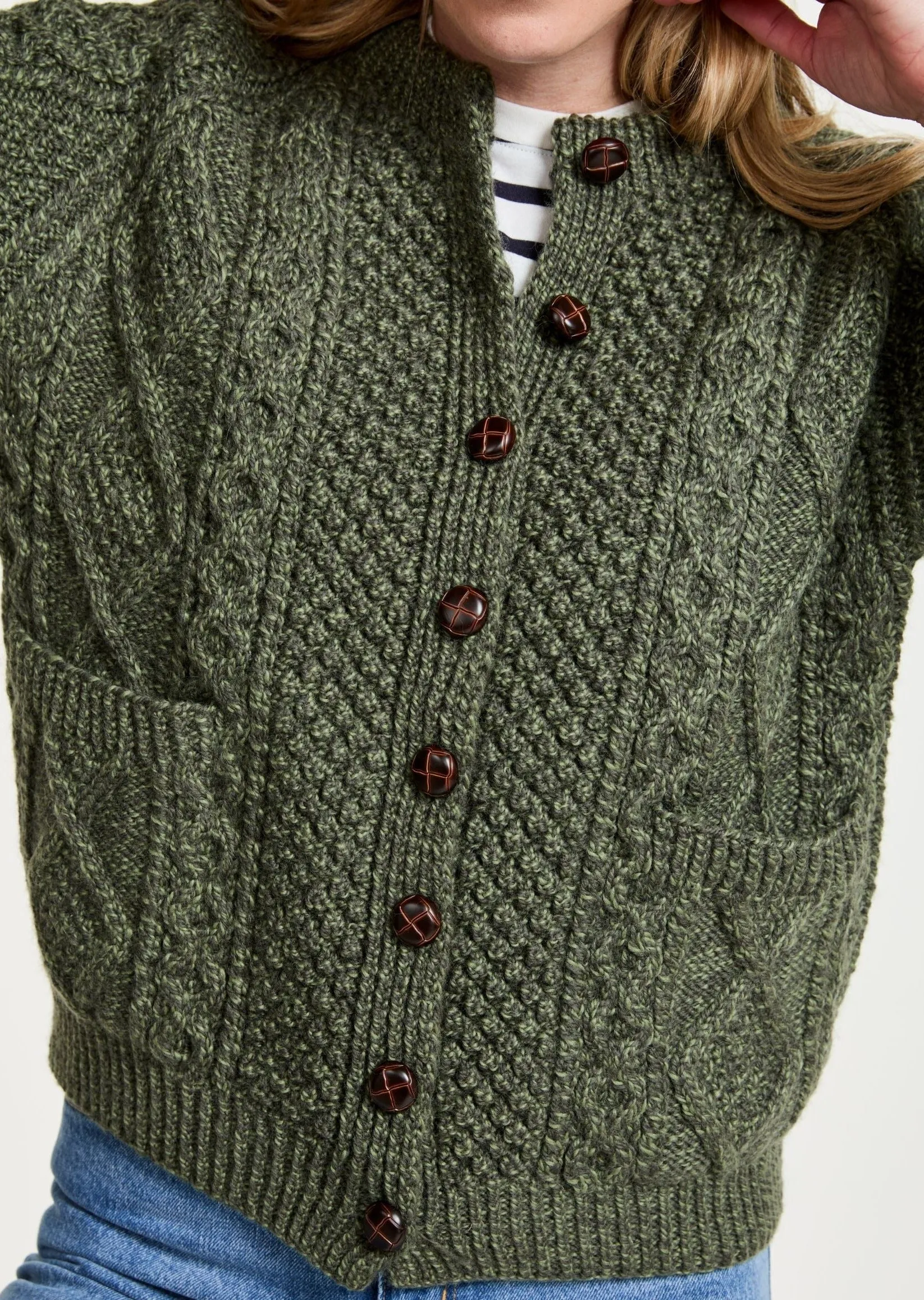 Handknit Aran Lumber Cardigan | Green