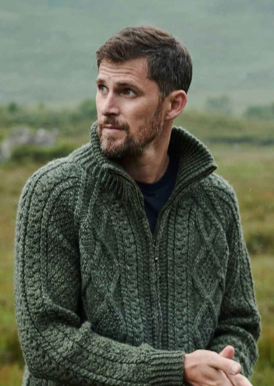 Handknit Men's Aran Cardigan | Green
