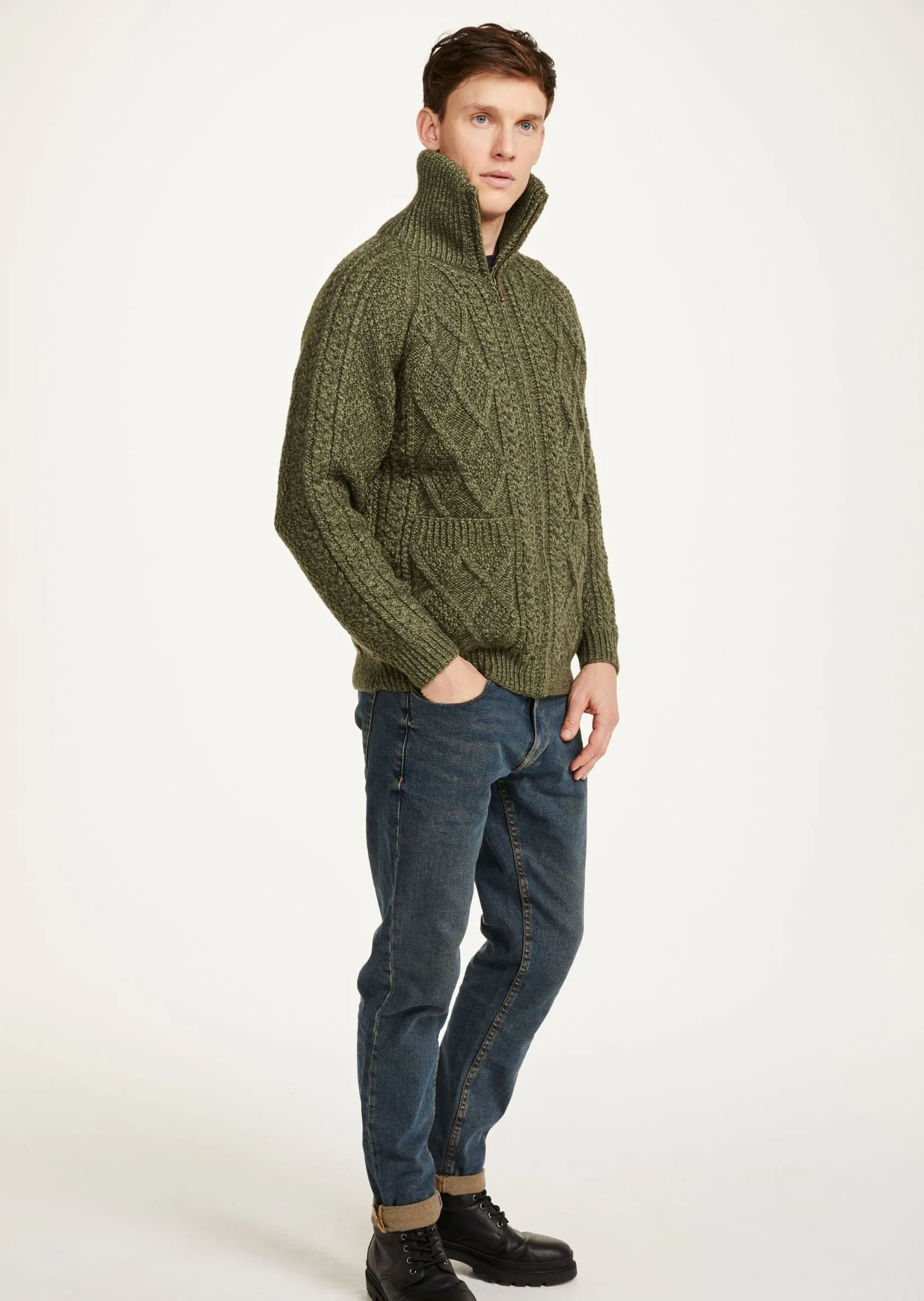 Handknit Men's Aran Cardigan | Green