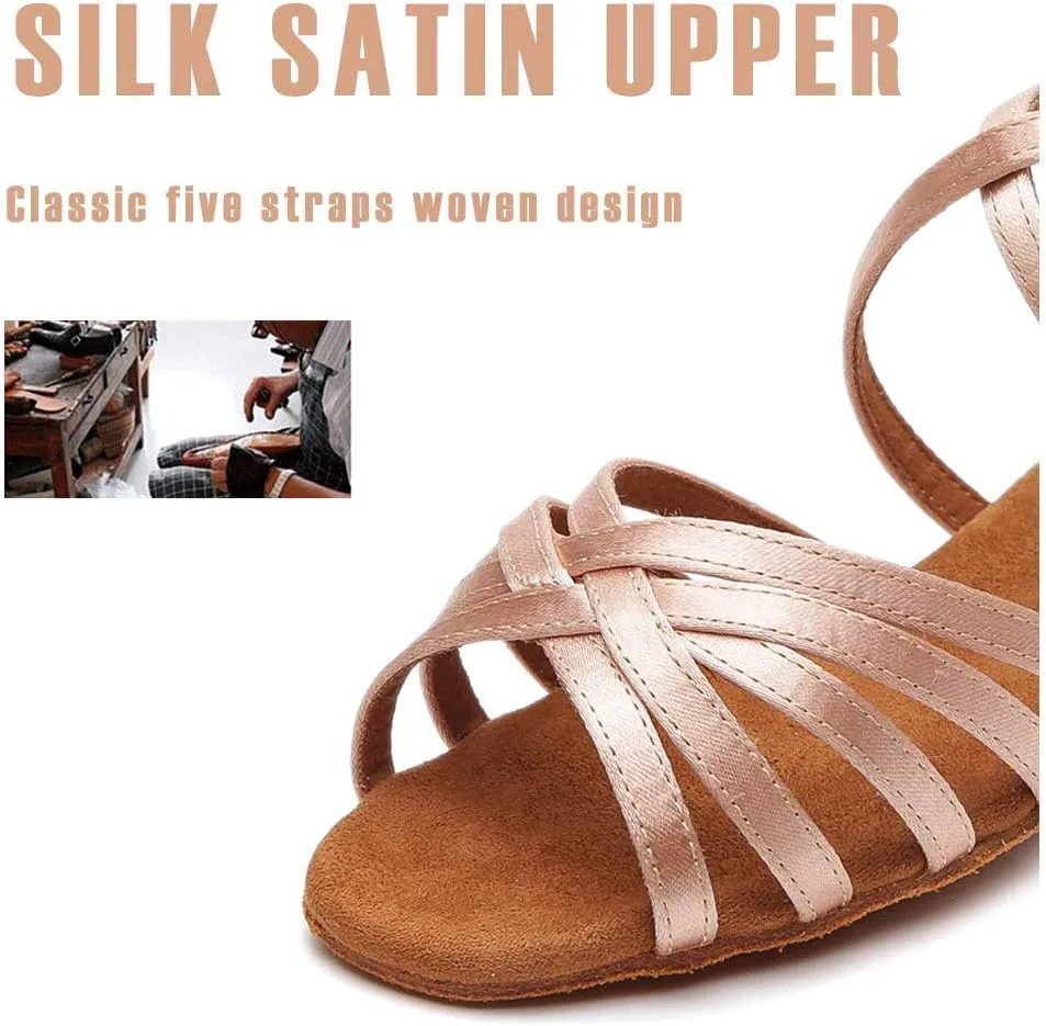 HIPPOSEUS Girls Latin Dance Shoes Silk Satin Low Heel Ballroom Salsa Dance Practice Performance Dancing Shoes,Model 202