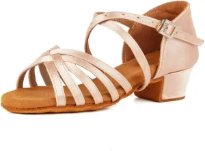 HIPPOSEUS Girls Latin Dance Shoes Silk Satin Low Heel Ballroom Salsa Dance Practice Performance Dancing Shoes,Model 202