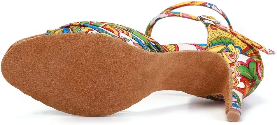 JUODVMP Women's Latin Salsa Shoes Colorful Print Satin Cross-Strap Ballroom Heels Model L255