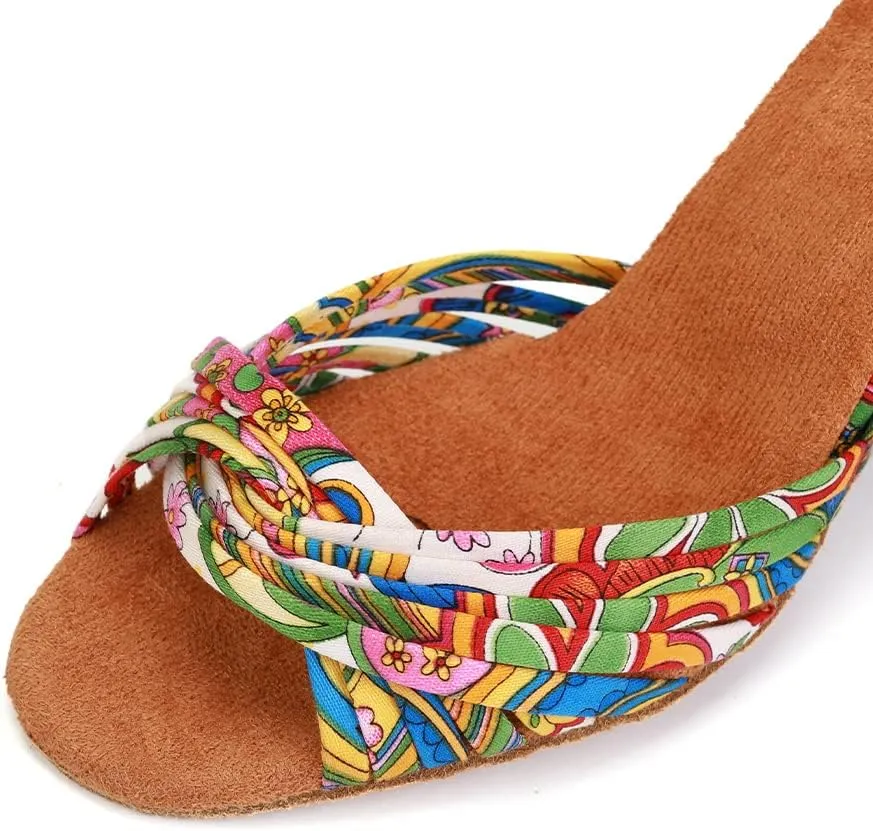 JUODVMP Women's Latin Salsa Shoes Colorful Print Satin Cross-Strap Ballroom Heels Model L255