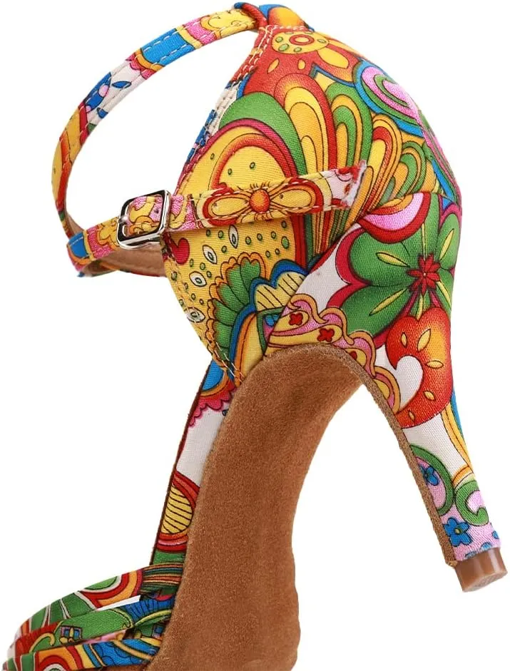 JUODVMP Women's Latin Salsa Shoes Colorful Print Satin Cross-Strap Ballroom Heels Model L255