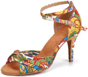 JUODVMP Women's Latin Salsa Shoes Colorful Print Satin Cross-Strap Ballroom Heels Model L255