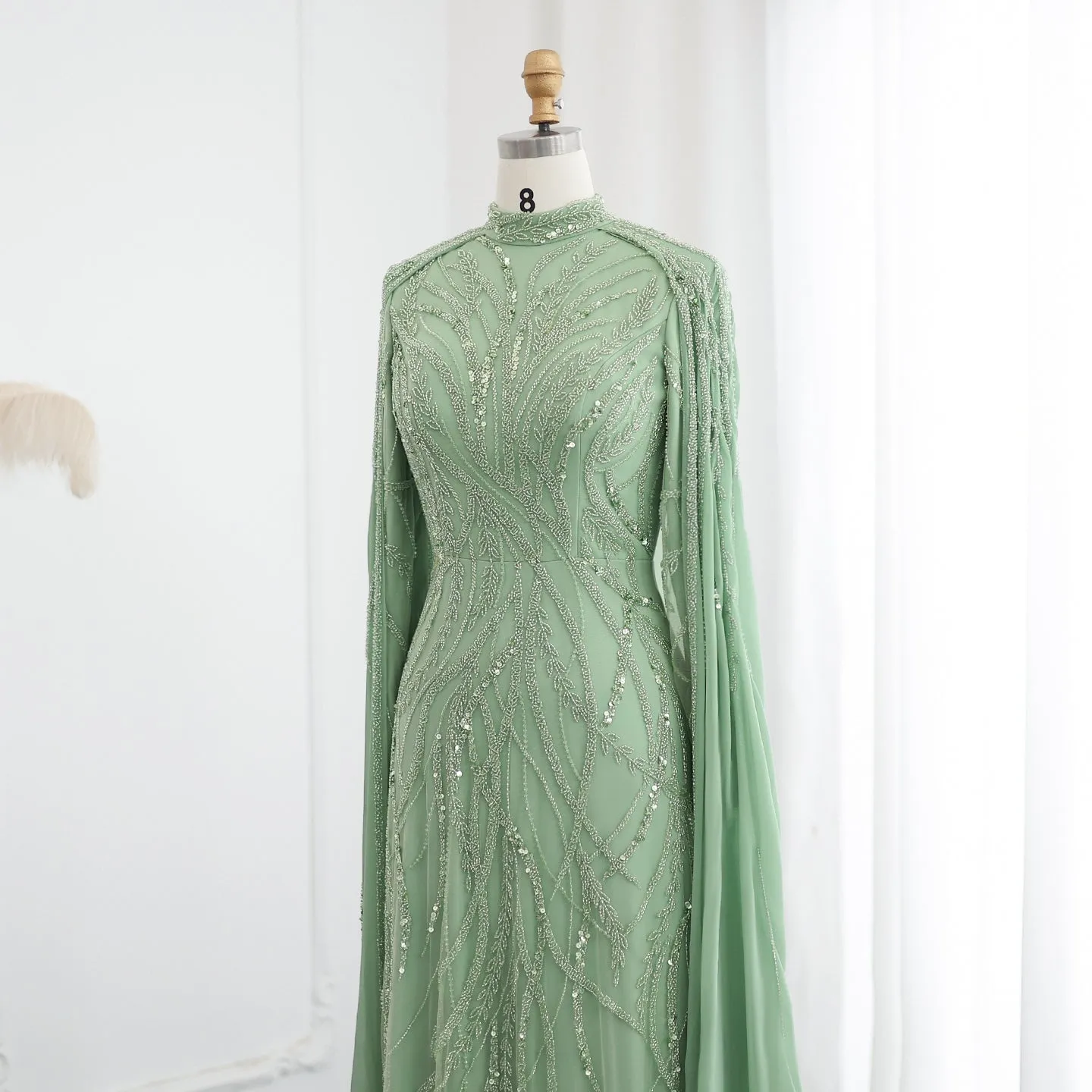 Luxury Beaded Sage Green Long Sleeves Evening Dress SS387