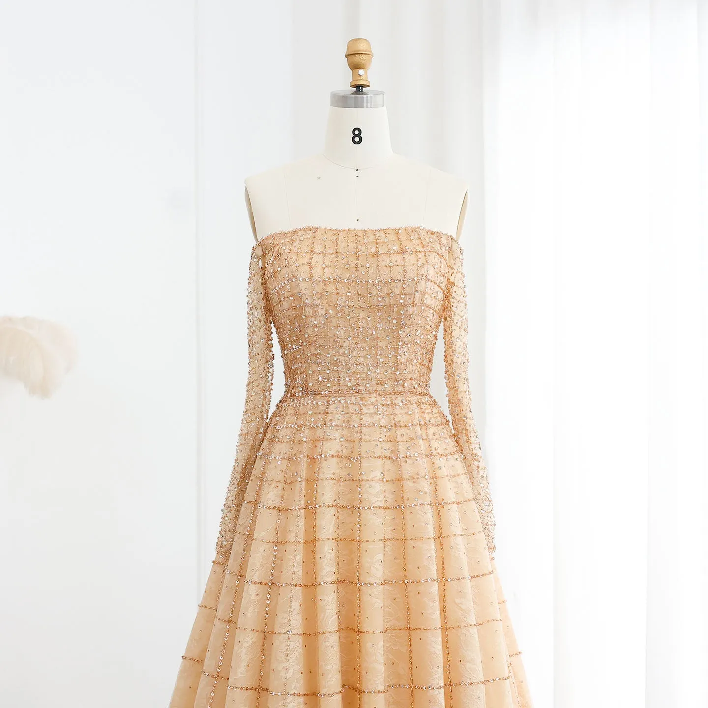 Luxury Off Shoulder Brown Long Sleeve Evening Dress SS022