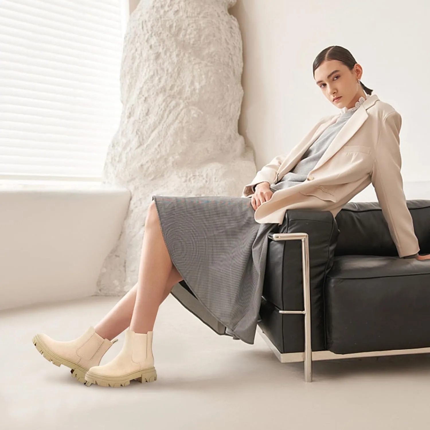 PIZZ ANNU Women's Dani Platform Chelsea Boots Fashion Lug Sole Combat Chunky Block Heel Slip on Elastic Gore Ankle Booties Shoes
