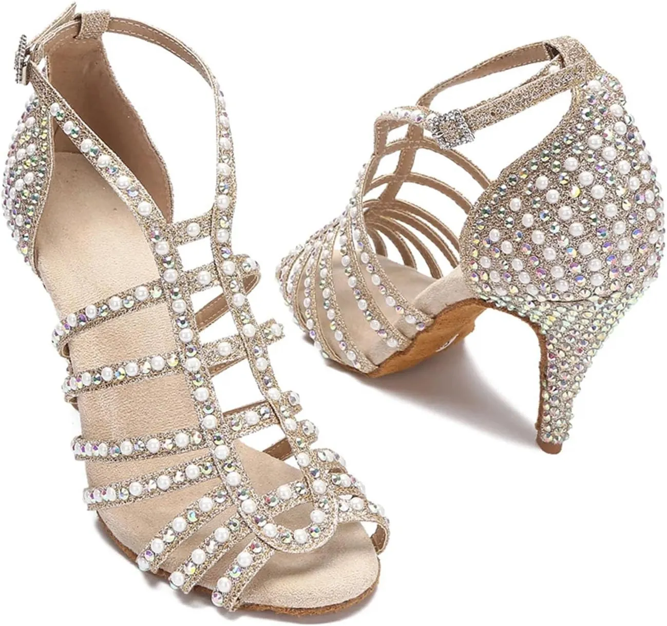 Rhinestone Pearl Dance Shoes - Sandals with 9CM (3.54") Heels for Tango, Salsa, Rumba, Samba, Indoor, Sexy Wedding