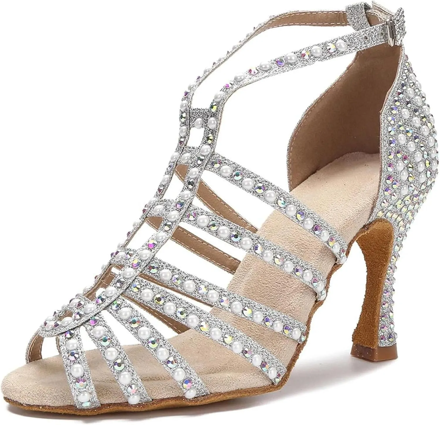 Rhinestone Pearl Dance Shoes - Sandals with 9CM (3.54") Heels for Tango, Salsa, Rumba, Samba, Indoor, Sexy Wedding