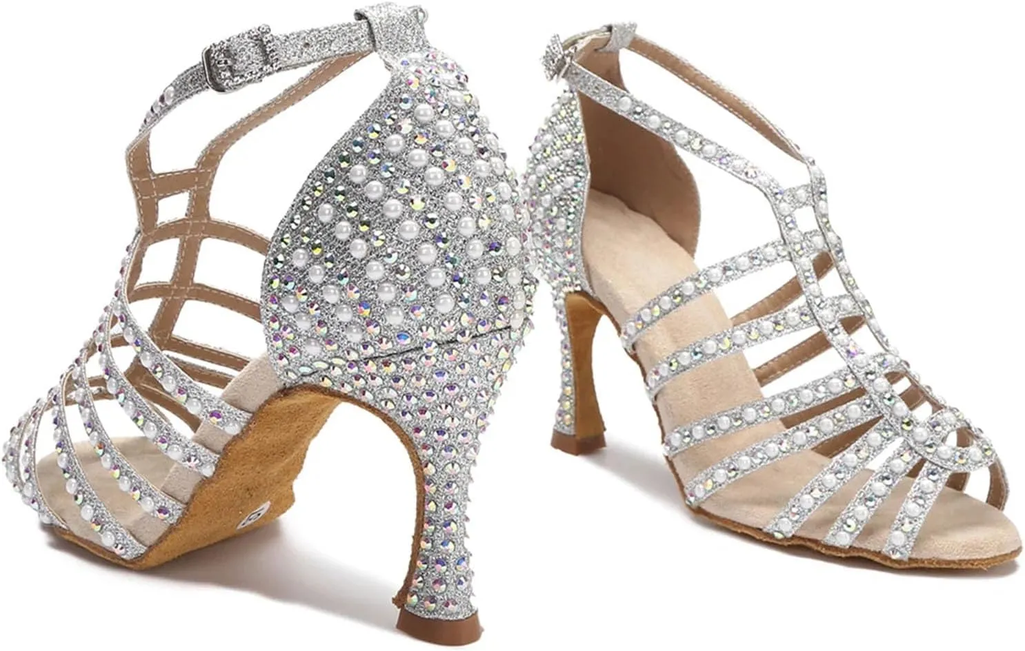 Rhinestone Pearl Dance Shoes - Sandals with 9CM (3.54") Heels for Tango, Salsa, Rumba, Samba, Indoor, Sexy Wedding