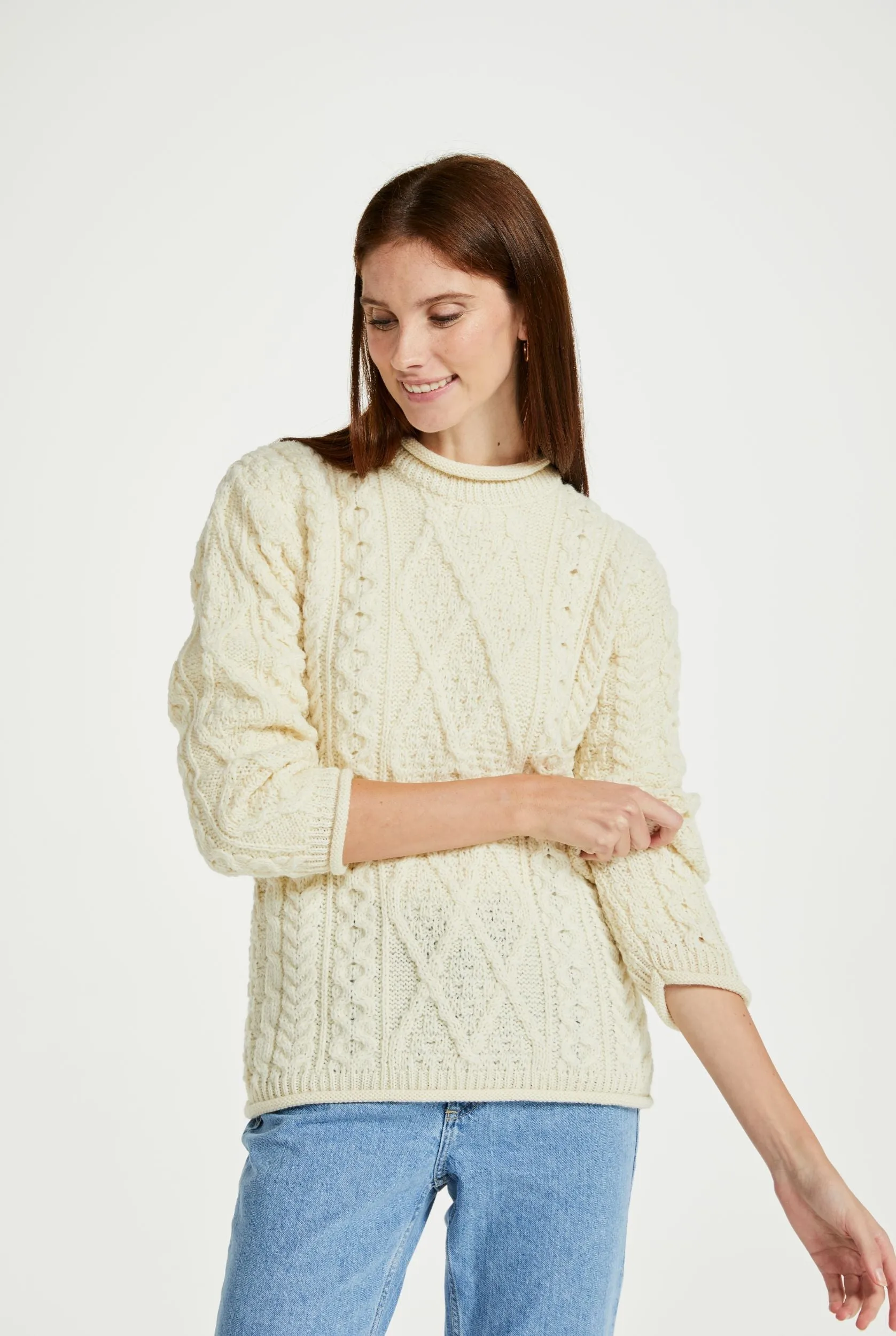 Roll Neck Aran Crew Sweater | Natural