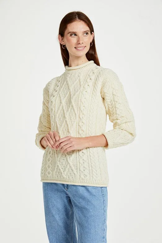 Roll Neck Aran Crew Sweater | Natural