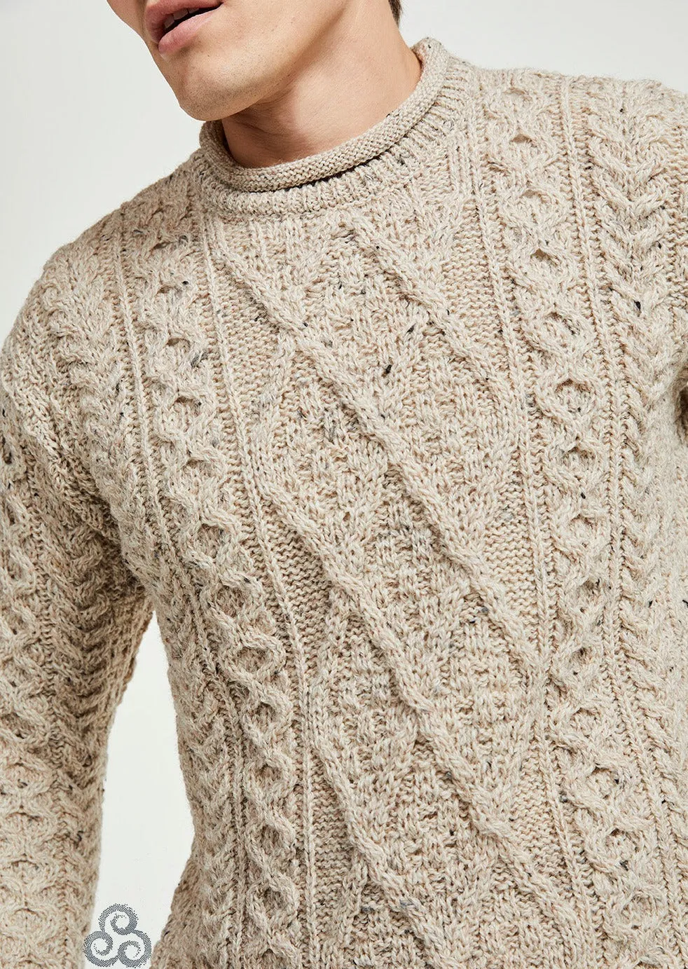 Roll Neck Aran Crew Sweater | Oatmeal