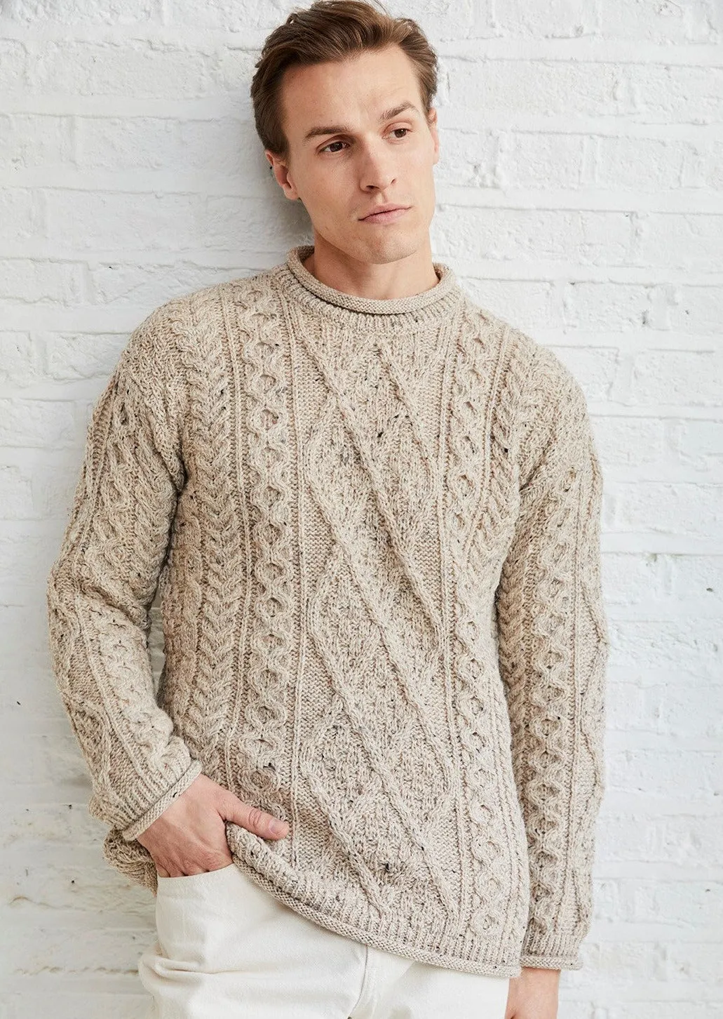 Roll Neck Aran Crew Sweater | Oatmeal