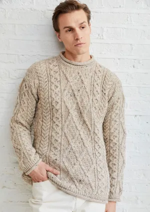 Roll Neck Aran Crew Sweater | Oatmeal