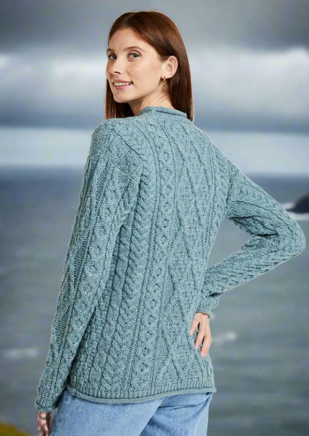 Roll Neck Aran Crew Sweater | Summer Storm