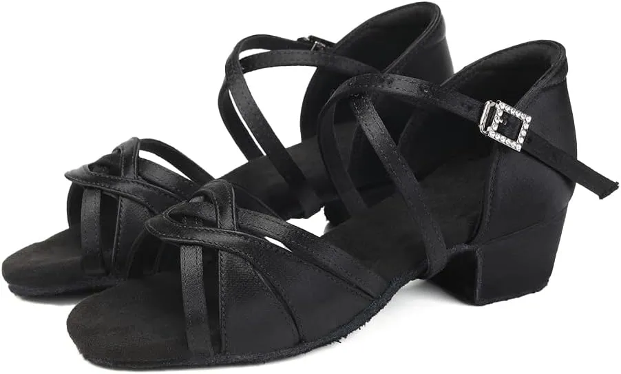 SWDZM Girls Latin Dance Shoes Low Heel Satin Ballroom Salsa Pratice Dance Shoes,Model EM-New Child