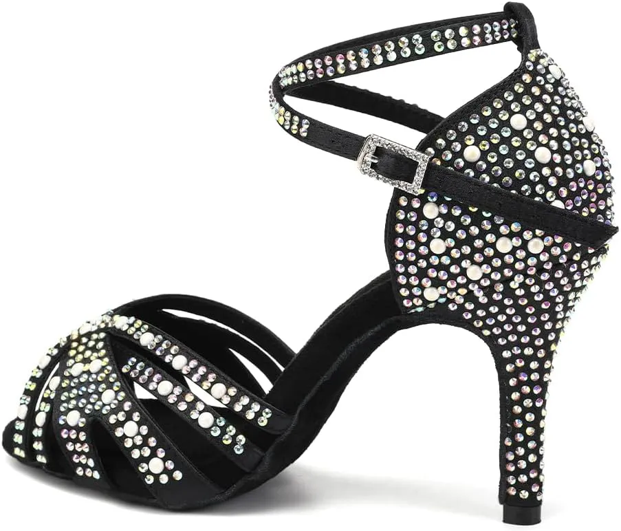 SWDZM Rhinestones Ballroom Dance Shoes Women Sparkling Latin Salsa Practice Dancing Shoes
