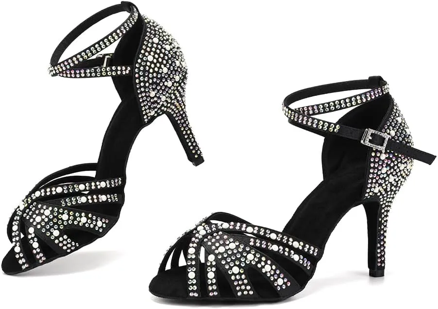 SWDZM Rhinestones Ballroom Dance Shoes Women Sparkling Latin Salsa Practice Dancing Shoes