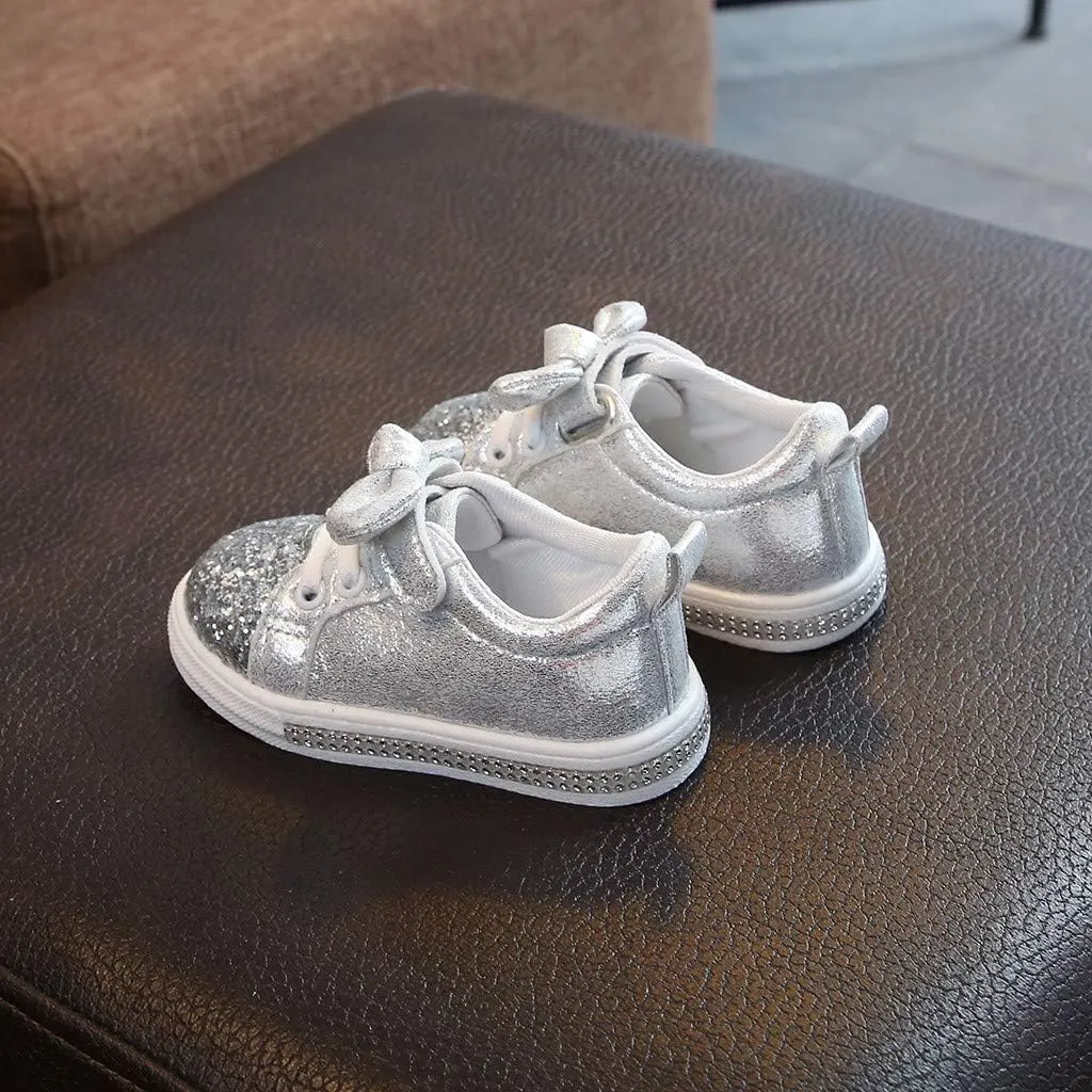 Toddler Girls Bowknot Glitter Sneakers Princess Fashion Sparkly Sequin Slip On Strap Running Sports Casual Shoes