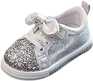 Toddler Girls Bowknot Glitter Sneakers Princess Fashion Sparkly Sequin Slip On Strap Running Sports Casual Shoes