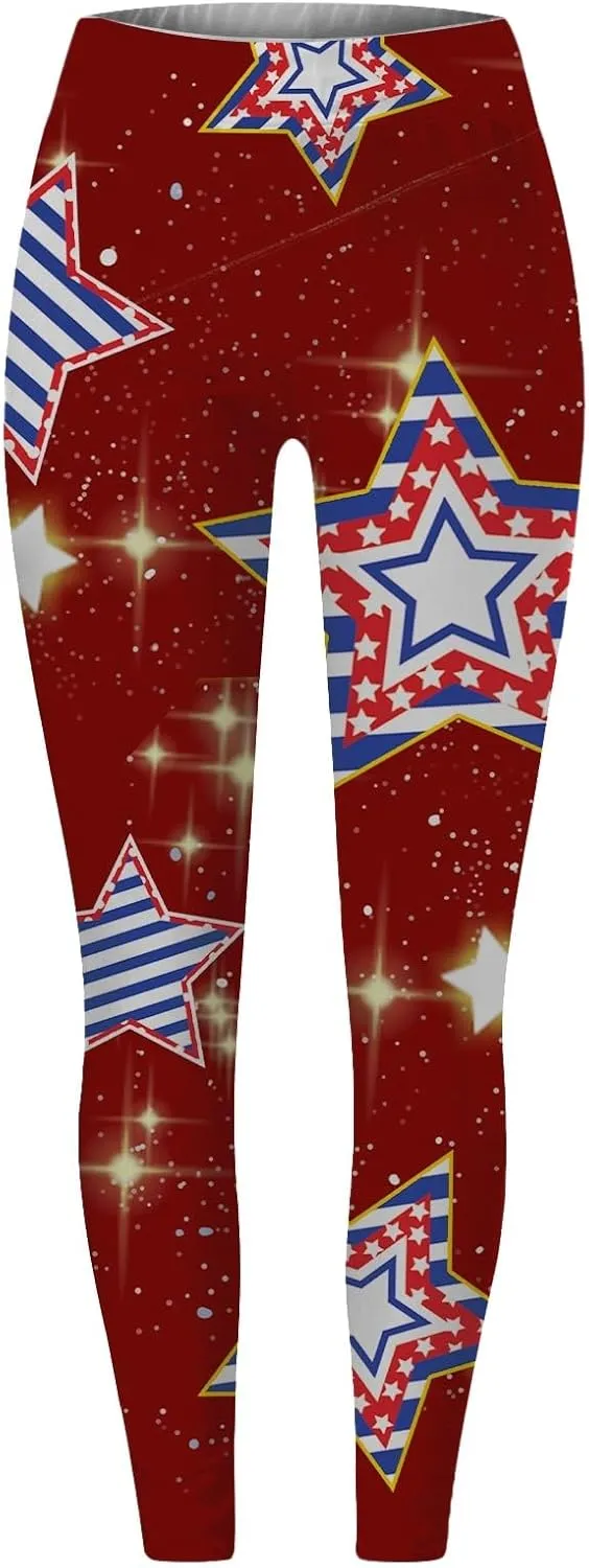 Women High Waist American Flag Leggings Funny Stripes Patriotic Tights Full-Length Workout Running Yoga Pants